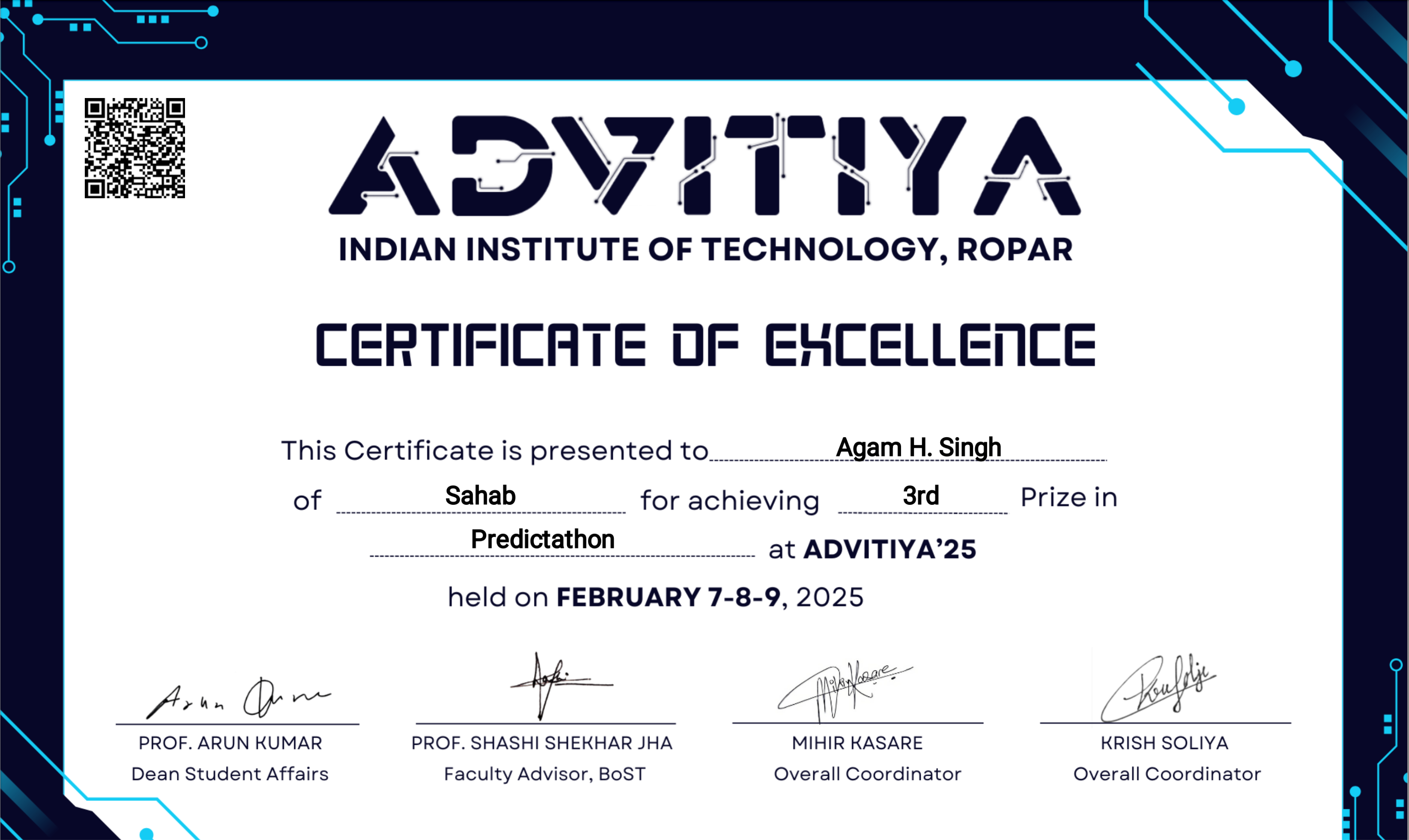 IIT Ropar Tech Fest Certificate - 3rd Place Deepfake Detection